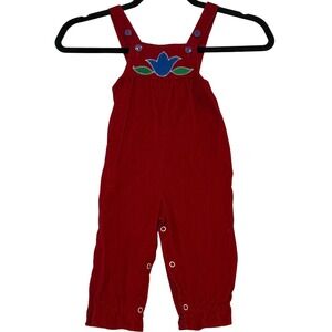 Vintage Sears Kids Corduroy Overalls Red Blue Flower Applique Medium 28-32 lbs‎
